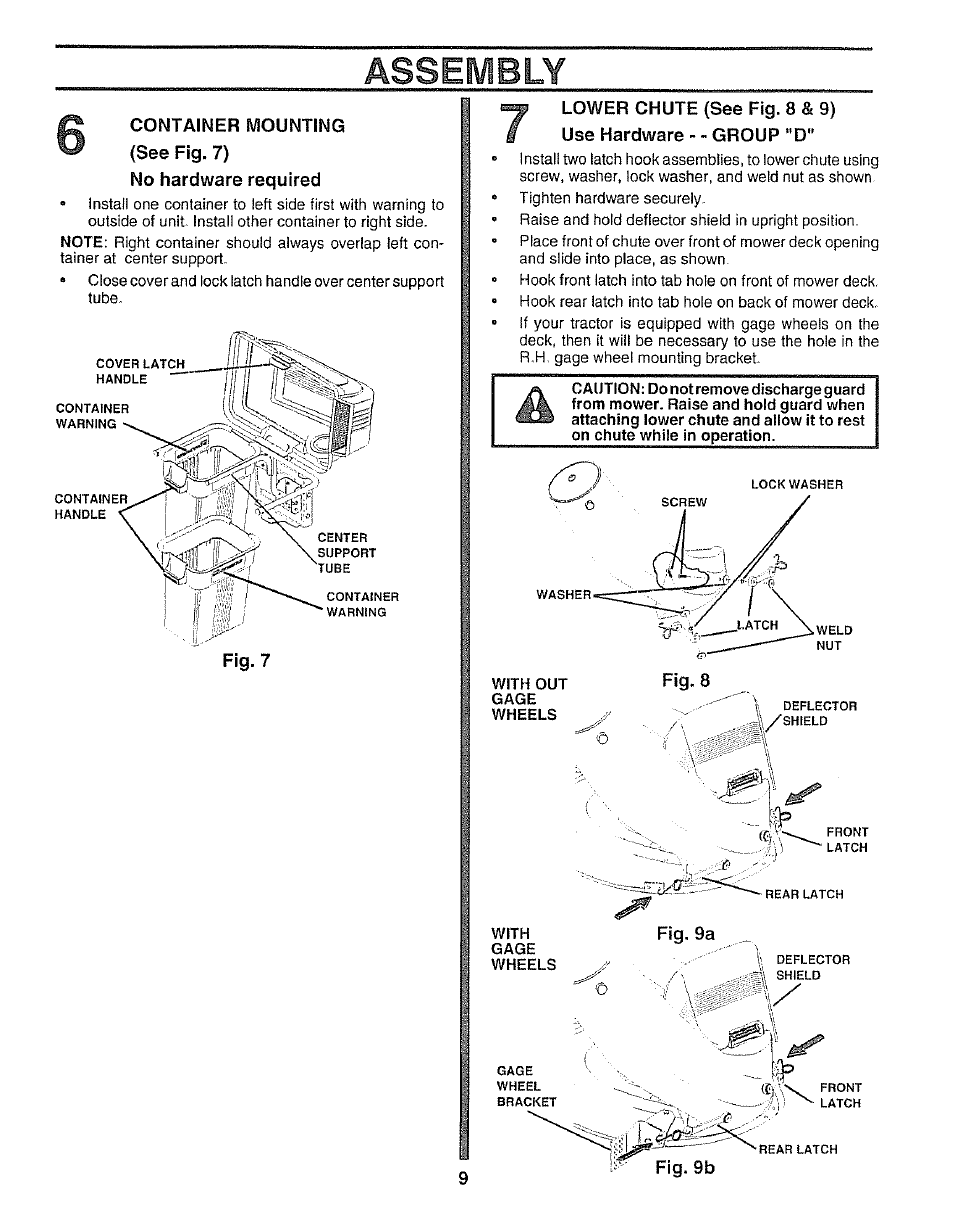 No hardware required, Lower chute (see fig. 8 & 9), Use hardware - - group "d | Assembly | Sears 917.249491 User Manual | Page 9 / 16