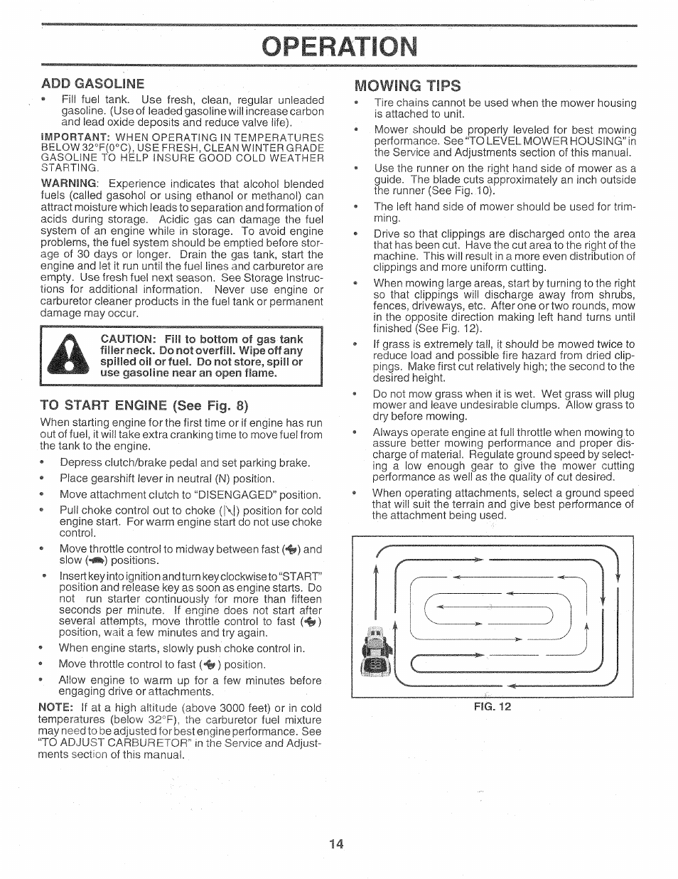 To start engine (see fig. 8), Mowing tips, Operation | Sears Craftsman 917.257720 User Manual | Page 14 / 60