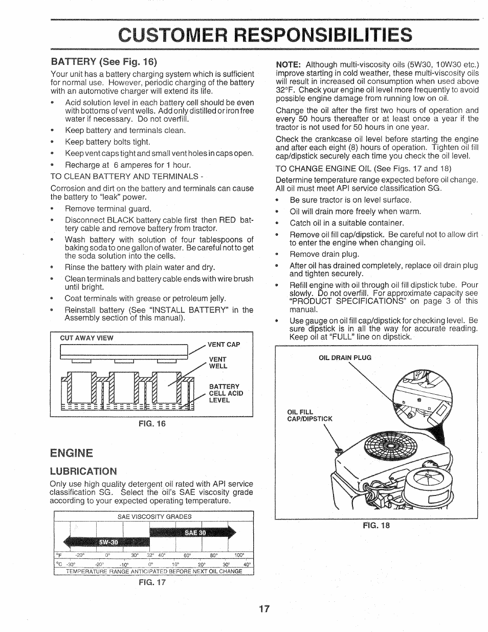 Engine, Lubrication, Customer responsibilities | Battery (see fig. 16) | Sears Craftsman 917.257720 User Manual | Page 17 / 60