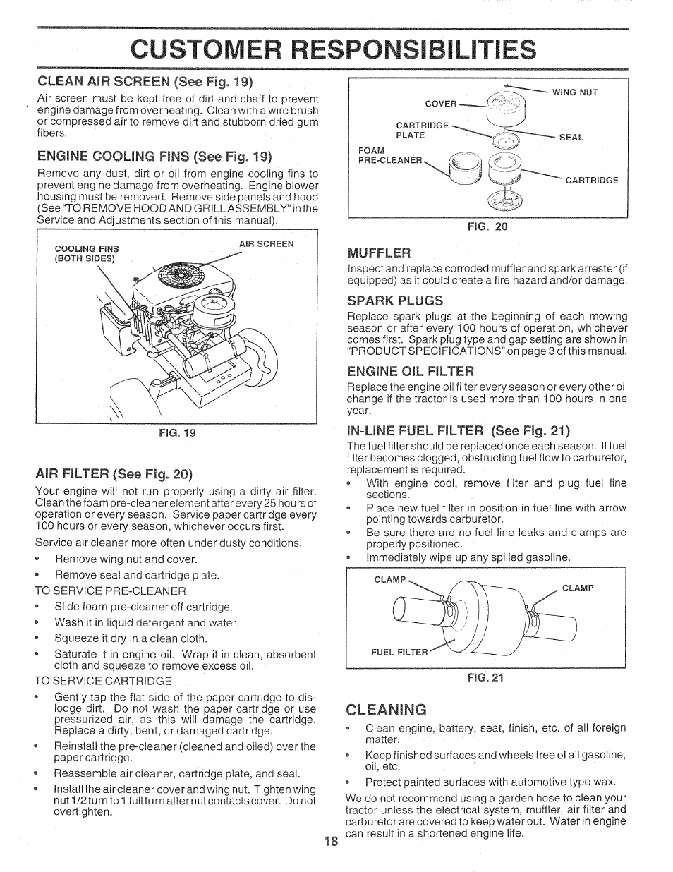 Engine cooling fins (see fig. 19), Air filter (see fig. 20), Muffler | Spark plugs, Engine oil filter, In-line fuel filter (see fig. 21), Cleaning, Customer responsibilities | Sears Craftsman 917.257720 User Manual | Page 18 / 60
