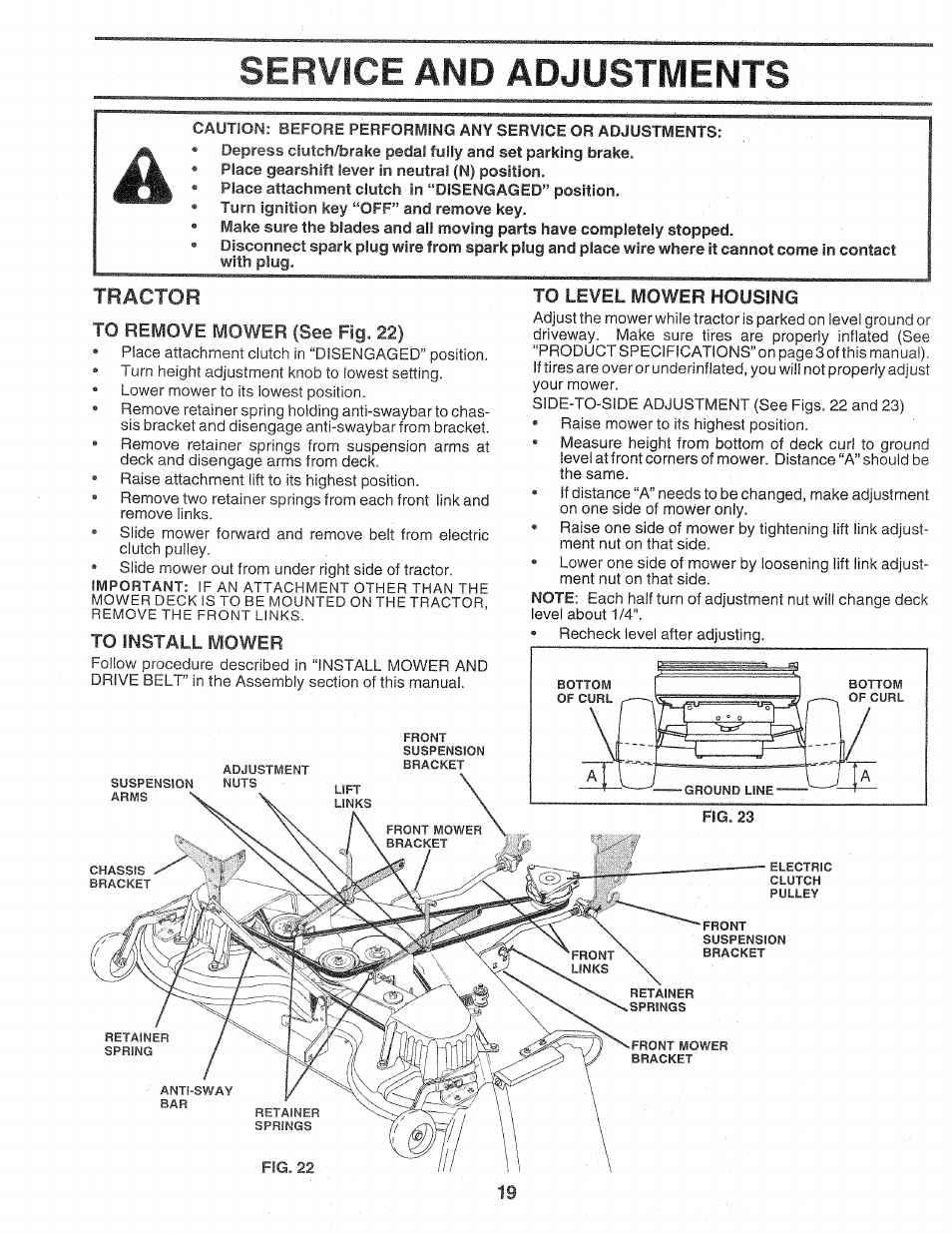 Tractor, To remove mower (see fig. 22), To level mower housing | Service and adjustments | Sears Craftsman 917.257720 User Manual | Page 19 / 60