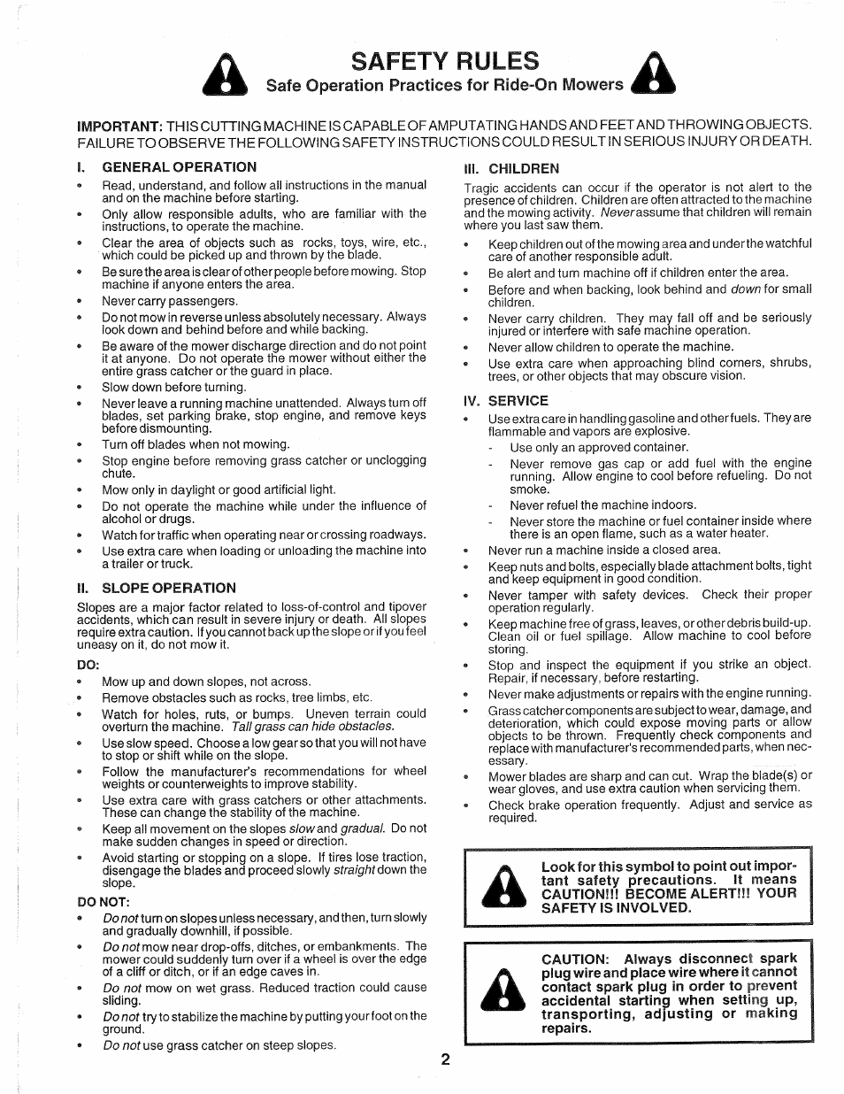 Safety rules, Safe operation practices for ride-on mowers | Sears Craftsman 917.257720 User Manual | Page 2 / 60