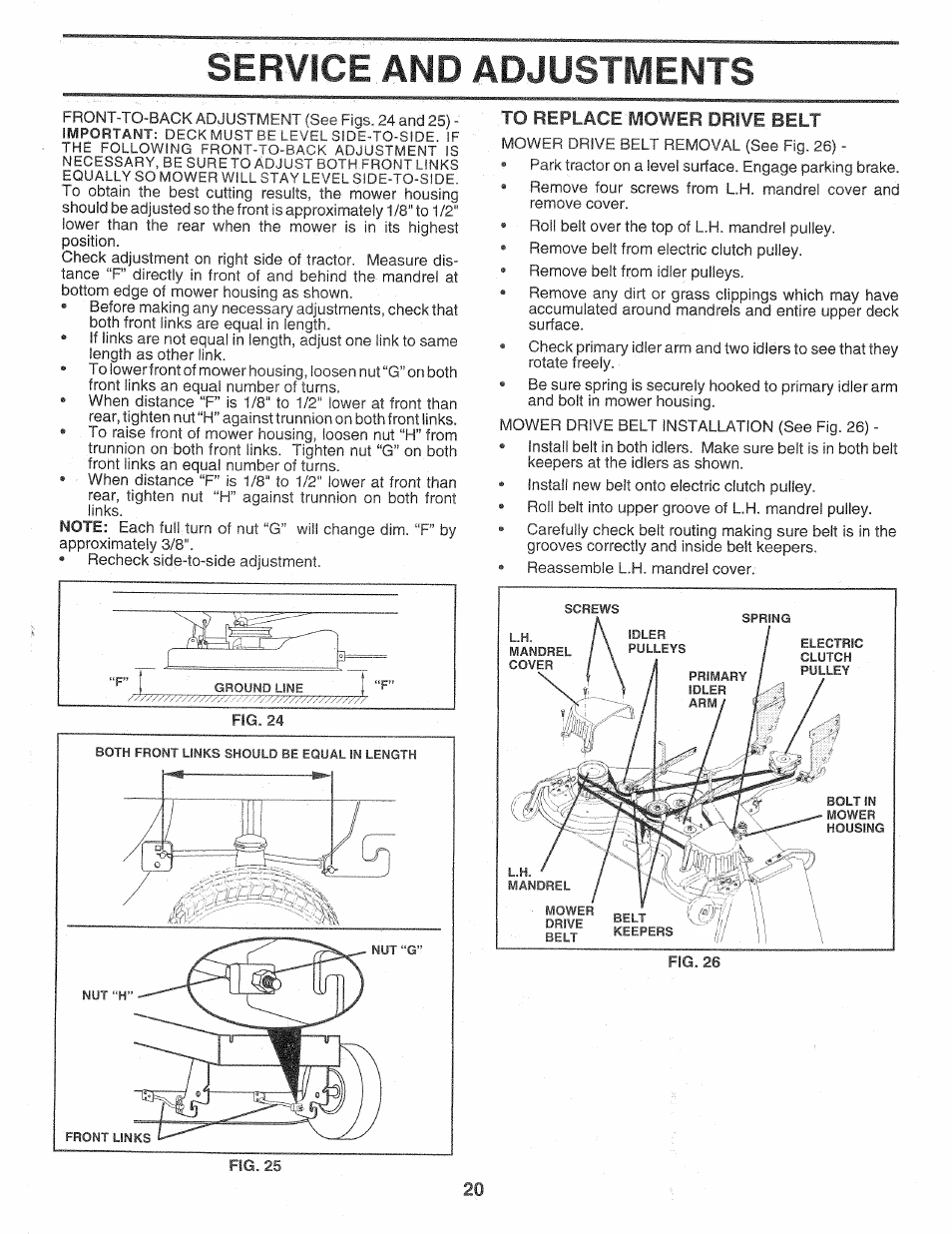 To replace mower drive belt, Service and adjustments | Sears Craftsman 917.257720 User Manual | Page 20 / 60