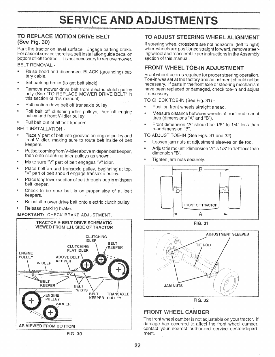 To adjust steering wheel alignment, Front wheel toe-in adjustment, Front wheel camber | Service and adjustments | Sears Craftsman 917.257720 User Manual | Page 22 / 60