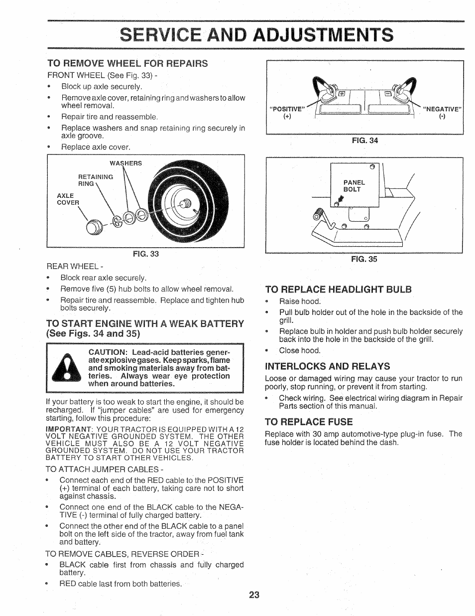 To replace headlight bulb, Interlocks and relays, Service and adjustments | Sears Craftsman 917.257720 User Manual | Page 23 / 60