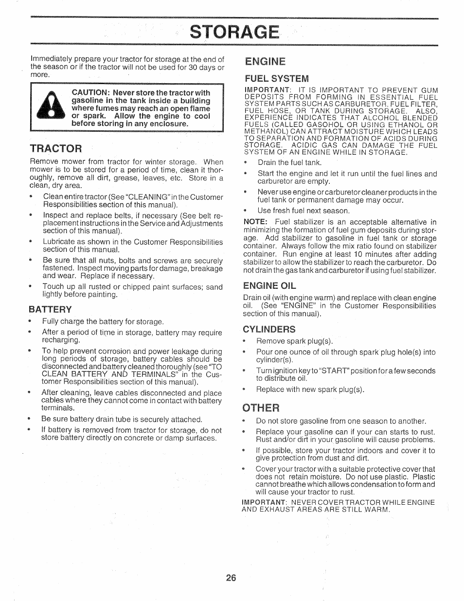 Storage, Tractor, Battery | Engine, Fuel system, Engine oil, Cylinders, Other, Engine oil ,16 | Sears Craftsman 917.257720 User Manual | Page 26 / 60