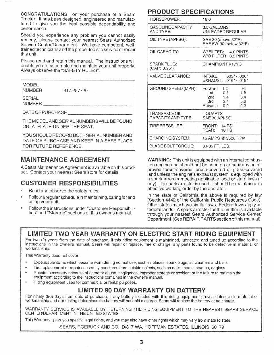 Product specifications, Maintenance agreement, Customer responsibilities | Limited 90 day warranty on battery | Sears Craftsman 917.257720 User Manual | Page 3 / 60