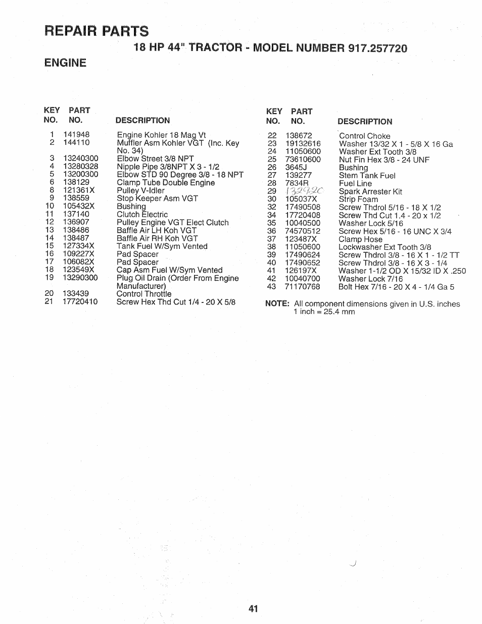 18 hp 44" tractor - model number 917.257720 engine, Repair parts | Sears Craftsman 917.257720 User Manual | Page 41 / 60