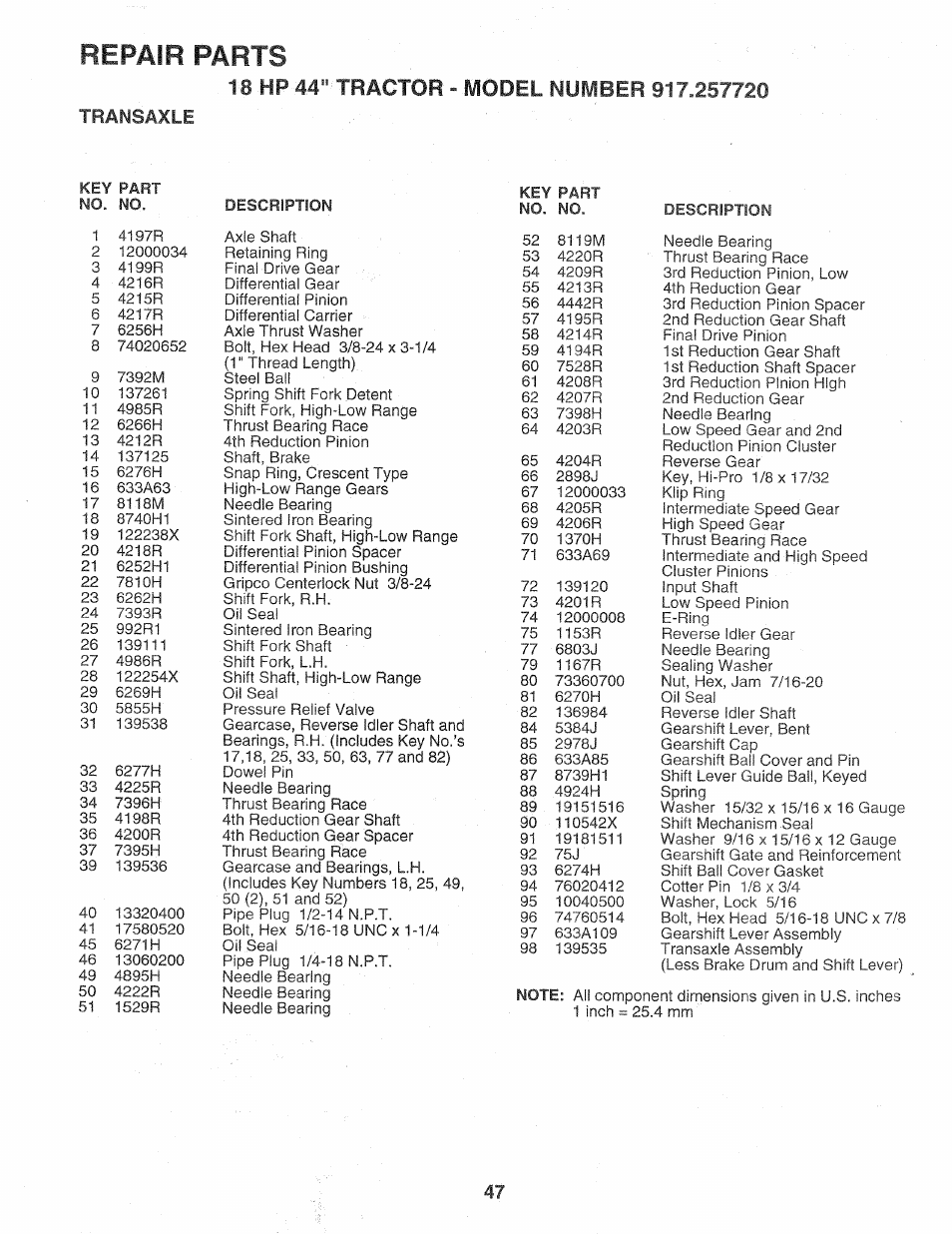 18 hp 44" tractor - model number 917.257720, Repair parts, Transaxle | Sears Craftsman 917.257720 User Manual | Page 47 / 60