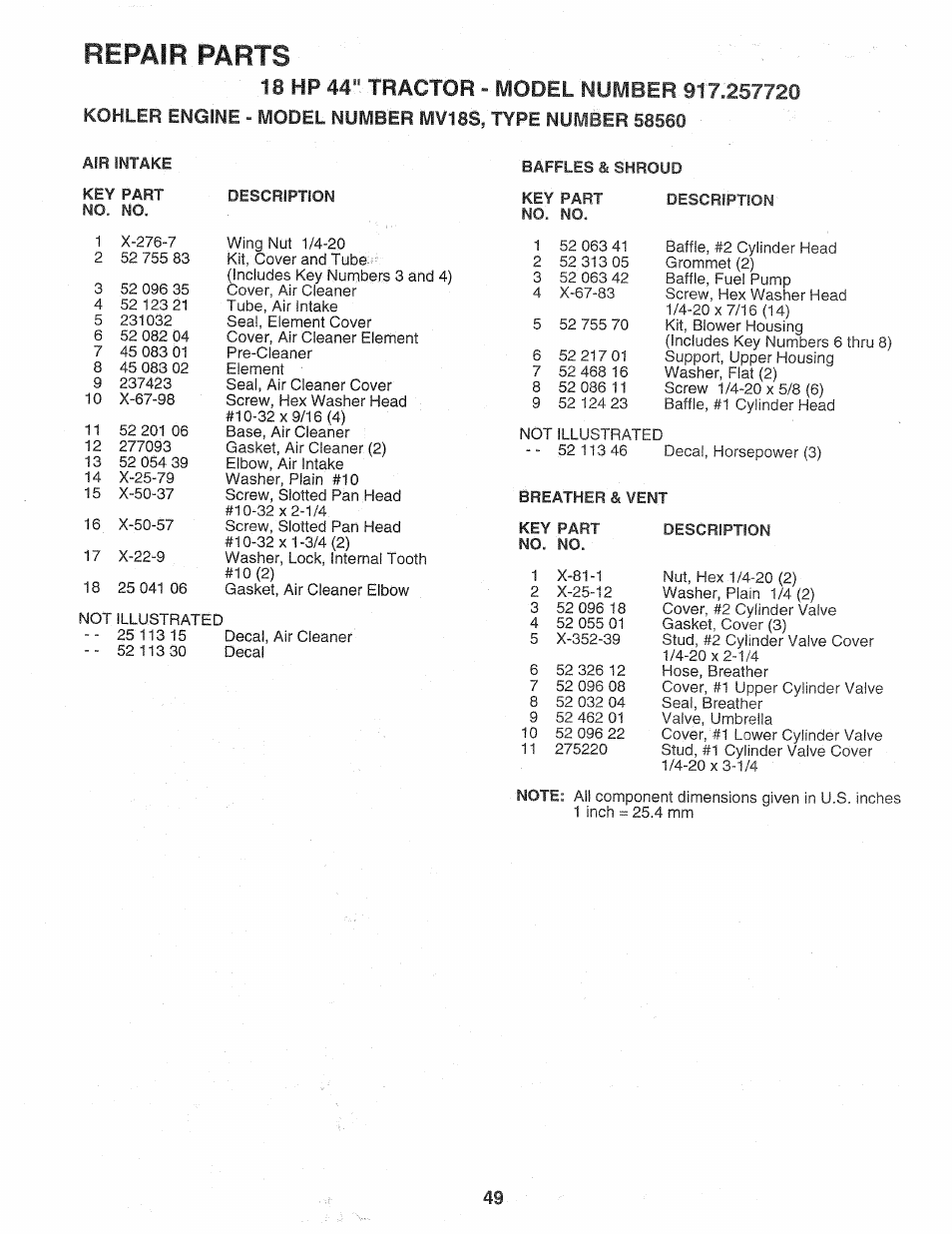 1,8 hp 44" tractor - model number 917.257720, Repair parts | Sears Craftsman 917.257720 User Manual | Page 49 / 60