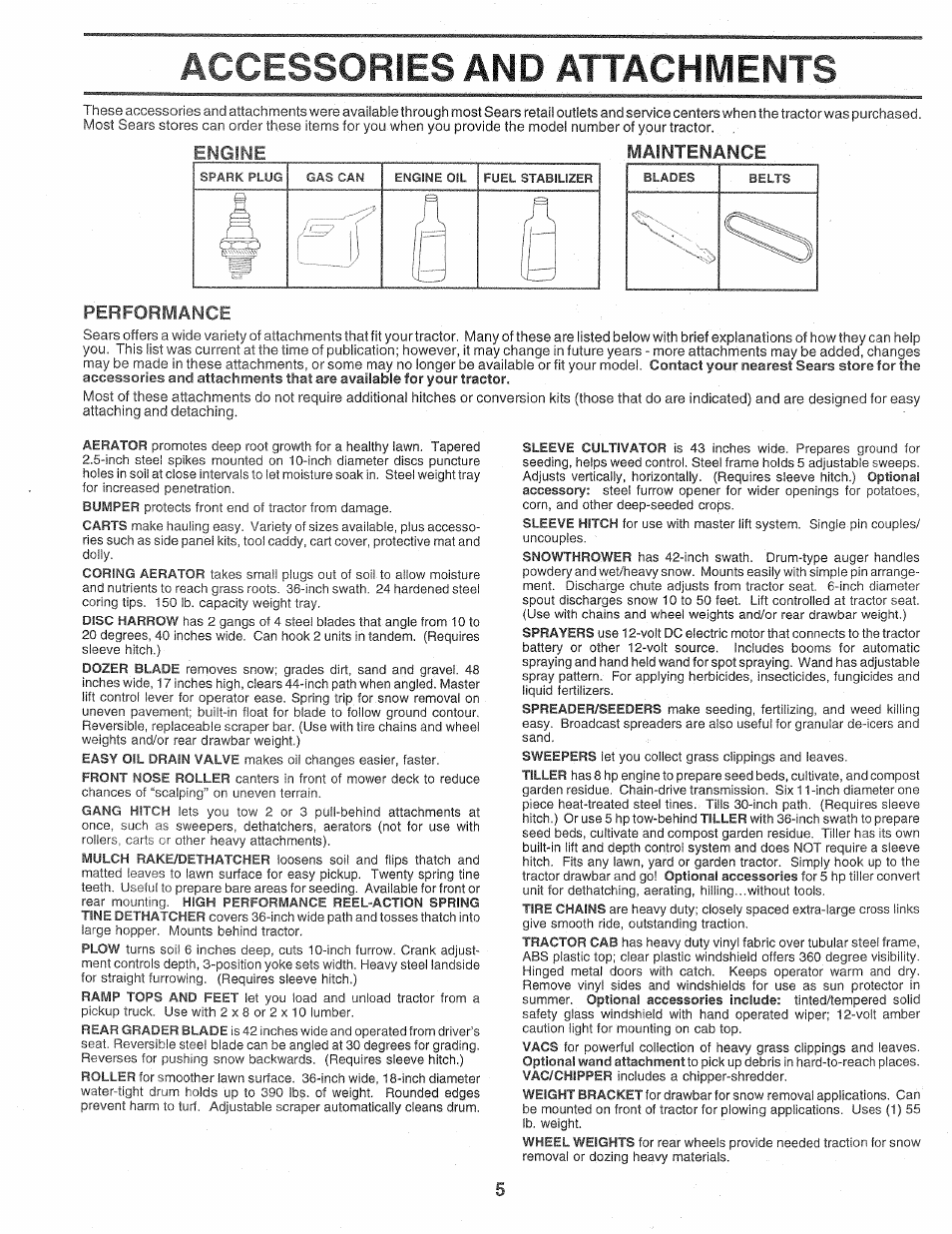 Engine, Performance, Accessories and attachments | Engine performance | Sears Craftsman 917.257720 User Manual | Page 5 / 60