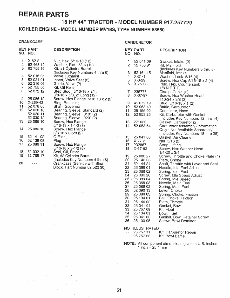 Repair parts | Sears Craftsman 917.257720 User Manual | Page 51 / 60
