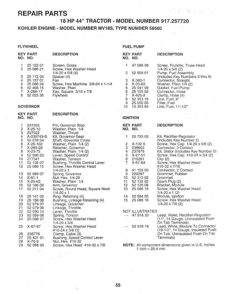 Repair parts | Sears Craftsman 917.257720 User Manual | Page 55 / 60