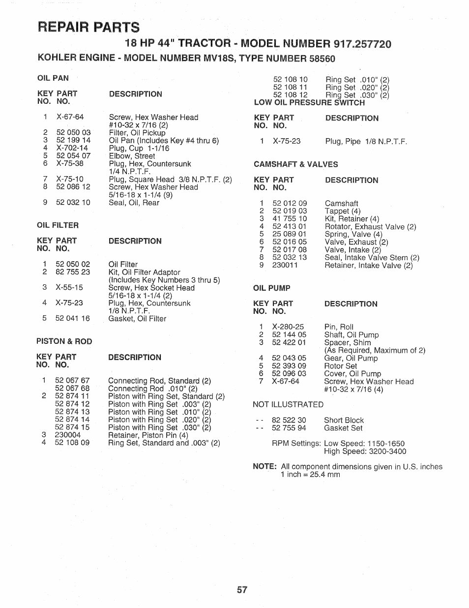 Repair parts | Sears Craftsman 917.257720 User Manual | Page 57 / 60