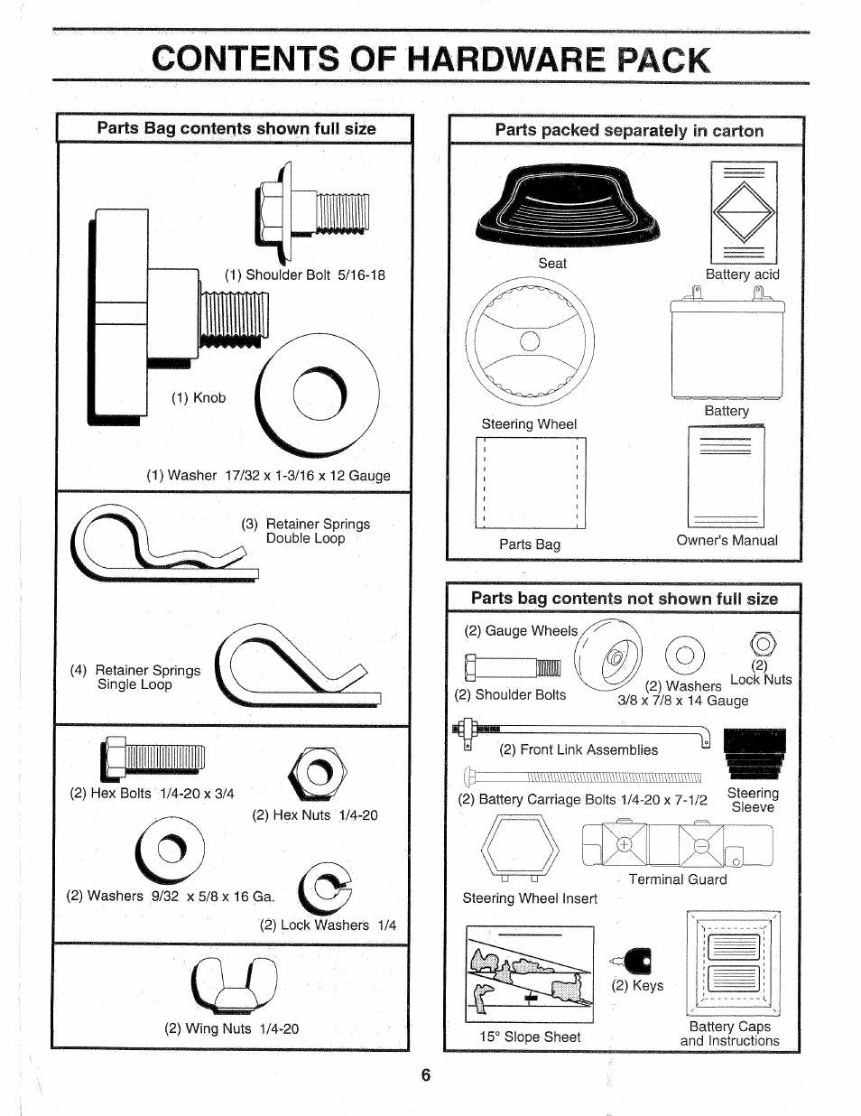 Parts packed separately in carton, Parts bag contents not shown full size, Contents of hardware pack | Ji ' a | Sears Craftsman 917.257720 User Manual | Page 6 / 60
