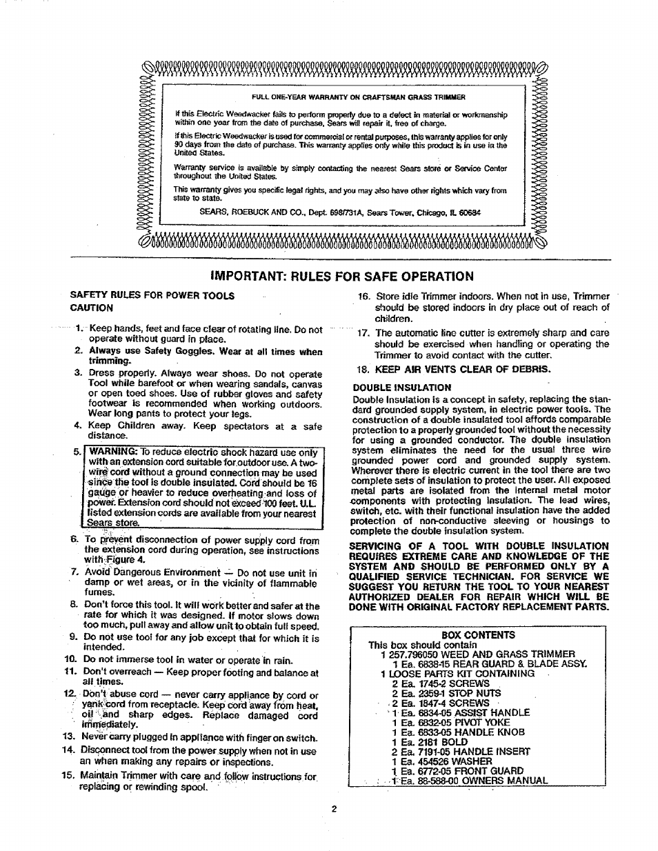 Important: rules for safe operation | Sears 257.79605 User Manual | Page 2 / 8
