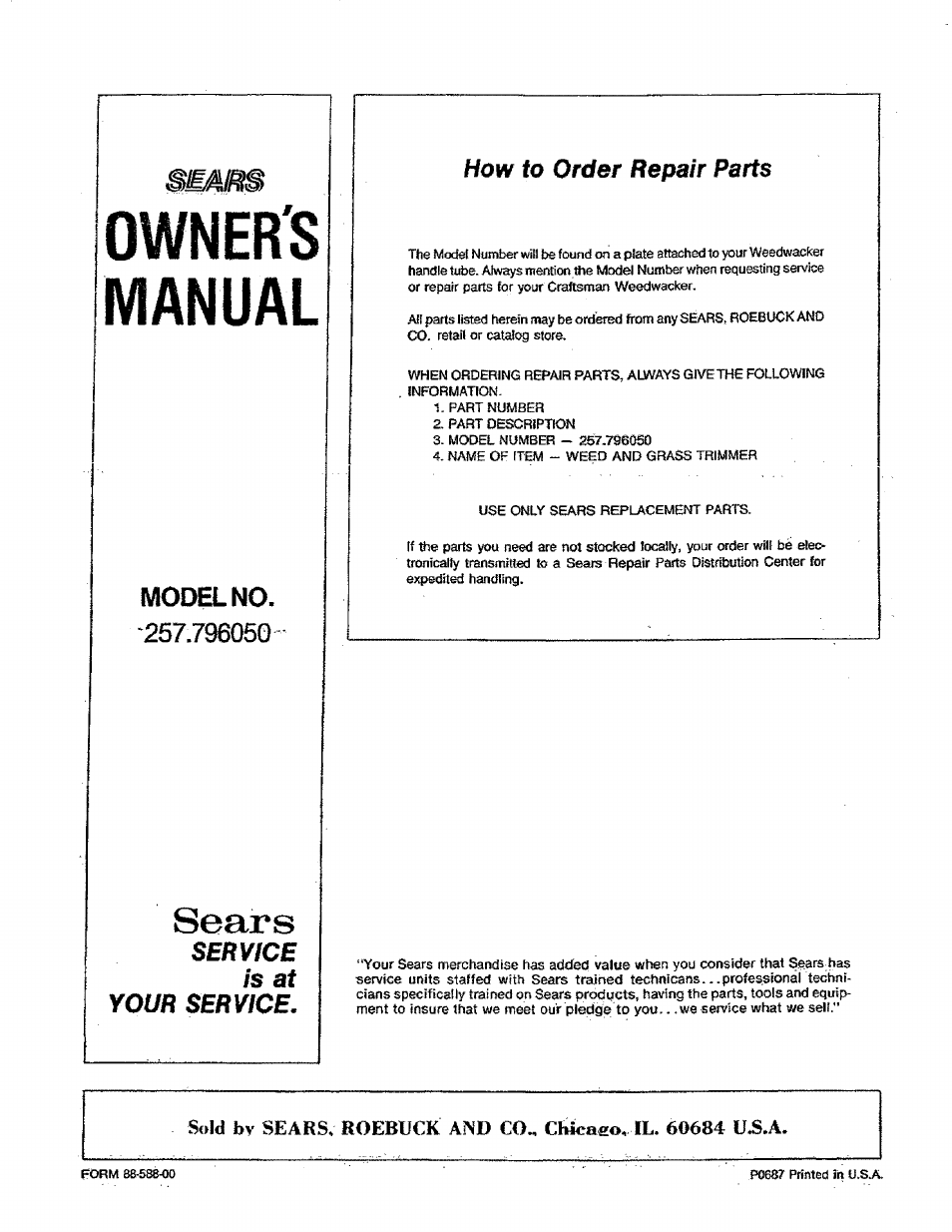 Owner's manual | Sears 257.79605 User Manual | Page 8 / 8