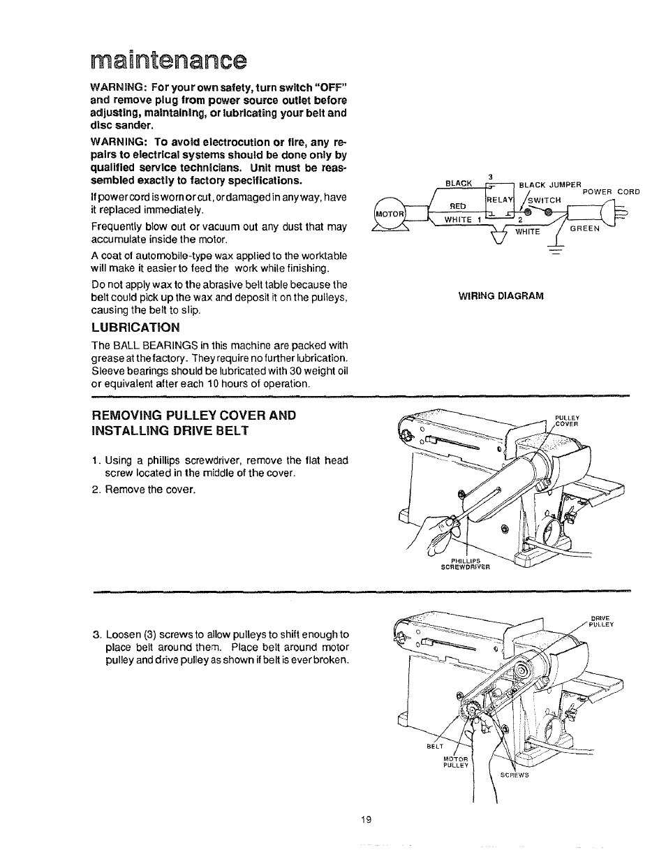 Maintenance, Lubrication, Reyoving pulley cover and installing drive belt | Sears 113.22643 User Manual | Page 19 / 24