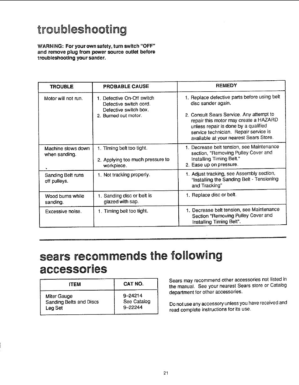 Troubleshooting, Sears recommends the following accessories | Sears 113.22643 User Manual | Page 21 / 24