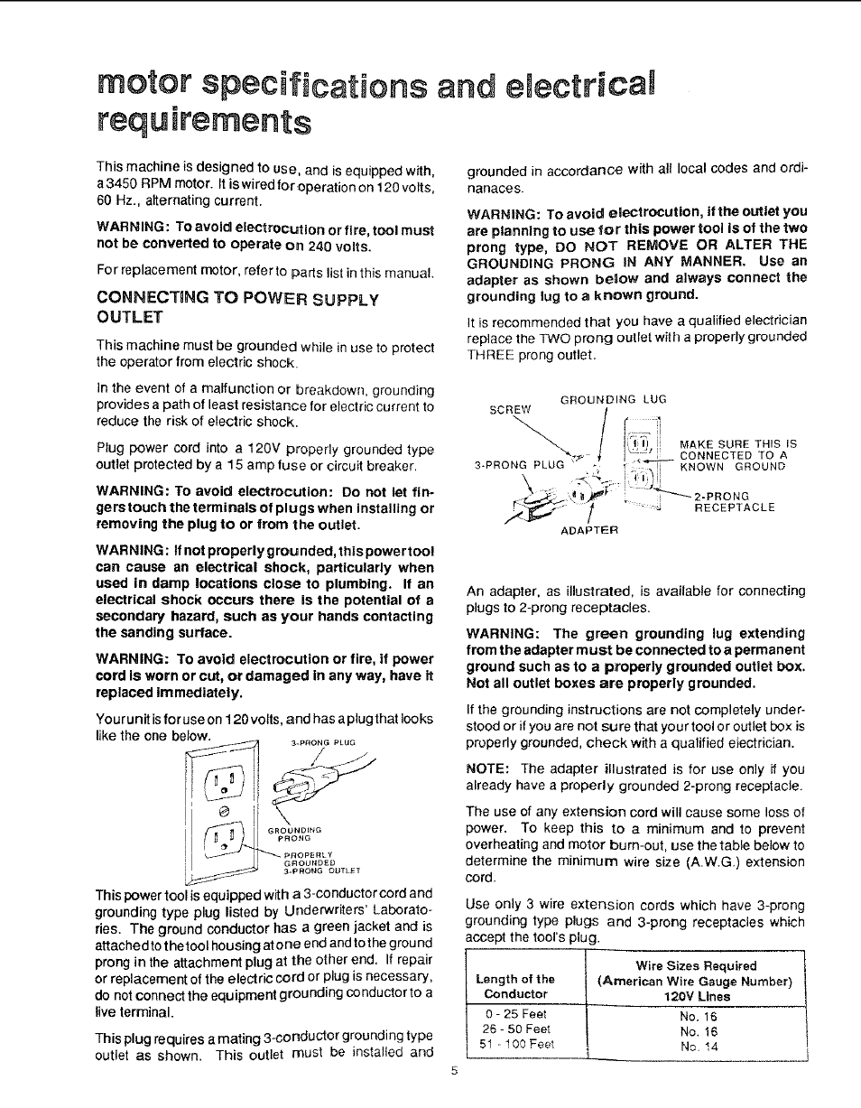 Motor specifications and eiectrical requirements, Conimecting to power supply outlet | Sears 113.22643 User Manual | Page 5 / 24
