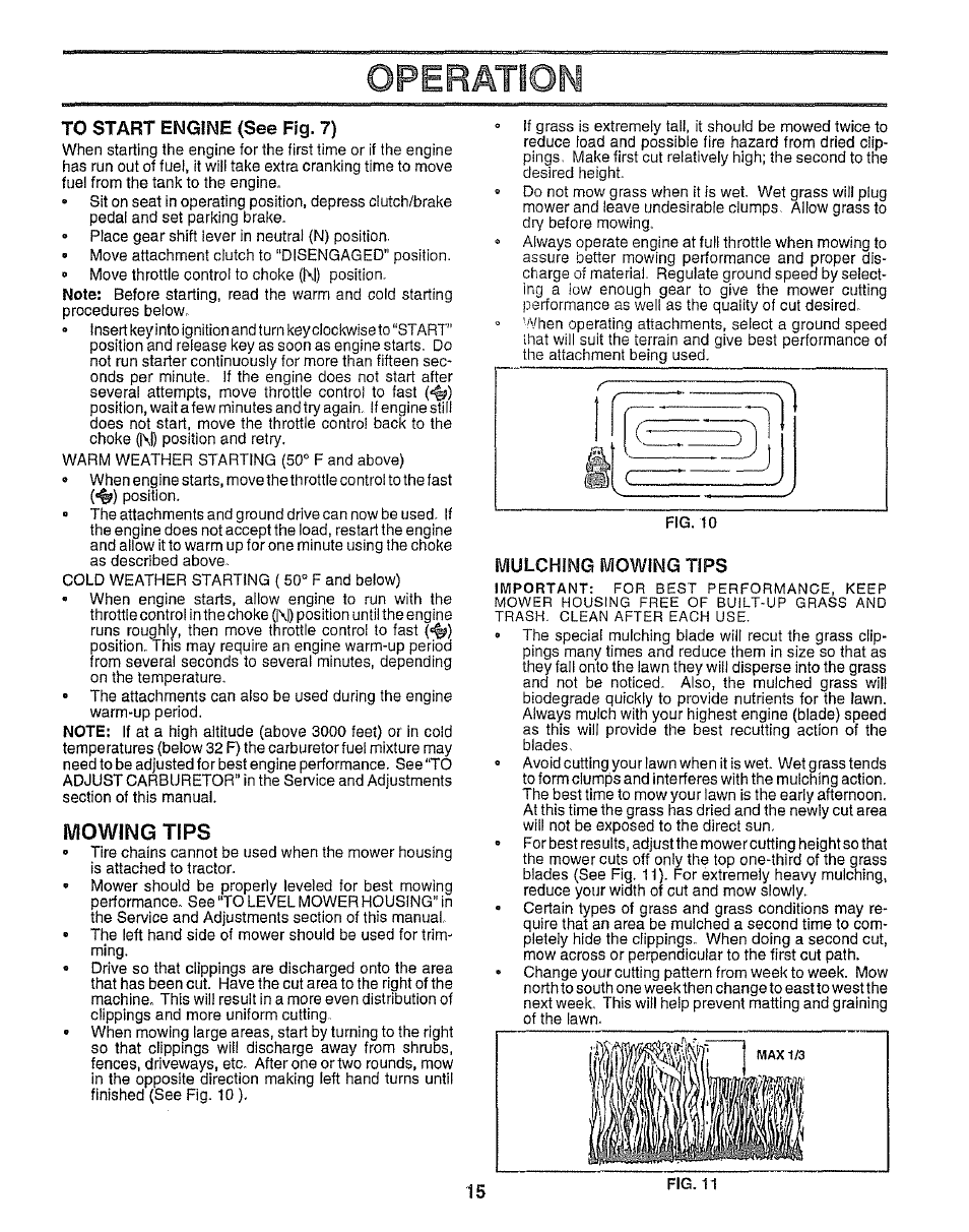 To start engine {see fig. 7), Mowing tips, Mulching mowing tips | Operation | Sears 917.25958 User Manual | Page 15 / 30