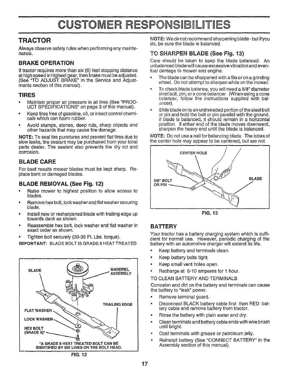 Brake operation, Tires, Blade care | Blade removal (see fig. 12), Battery, Customer responsibilities, Tractor | Sears 917.25958 User Manual | Page 17 / 30