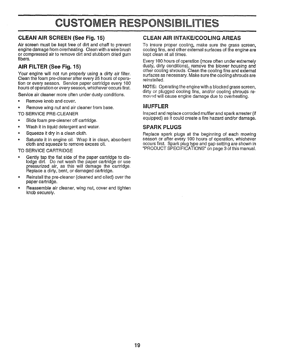 Clean air screen (see fig. 15), Air filter (see fig. 15), Clean asr intake/cooling areas | Muffler, Spark plugs, Custof\/ieb respomsibilities | Sears 917.25958 User Manual | Page 19 / 30