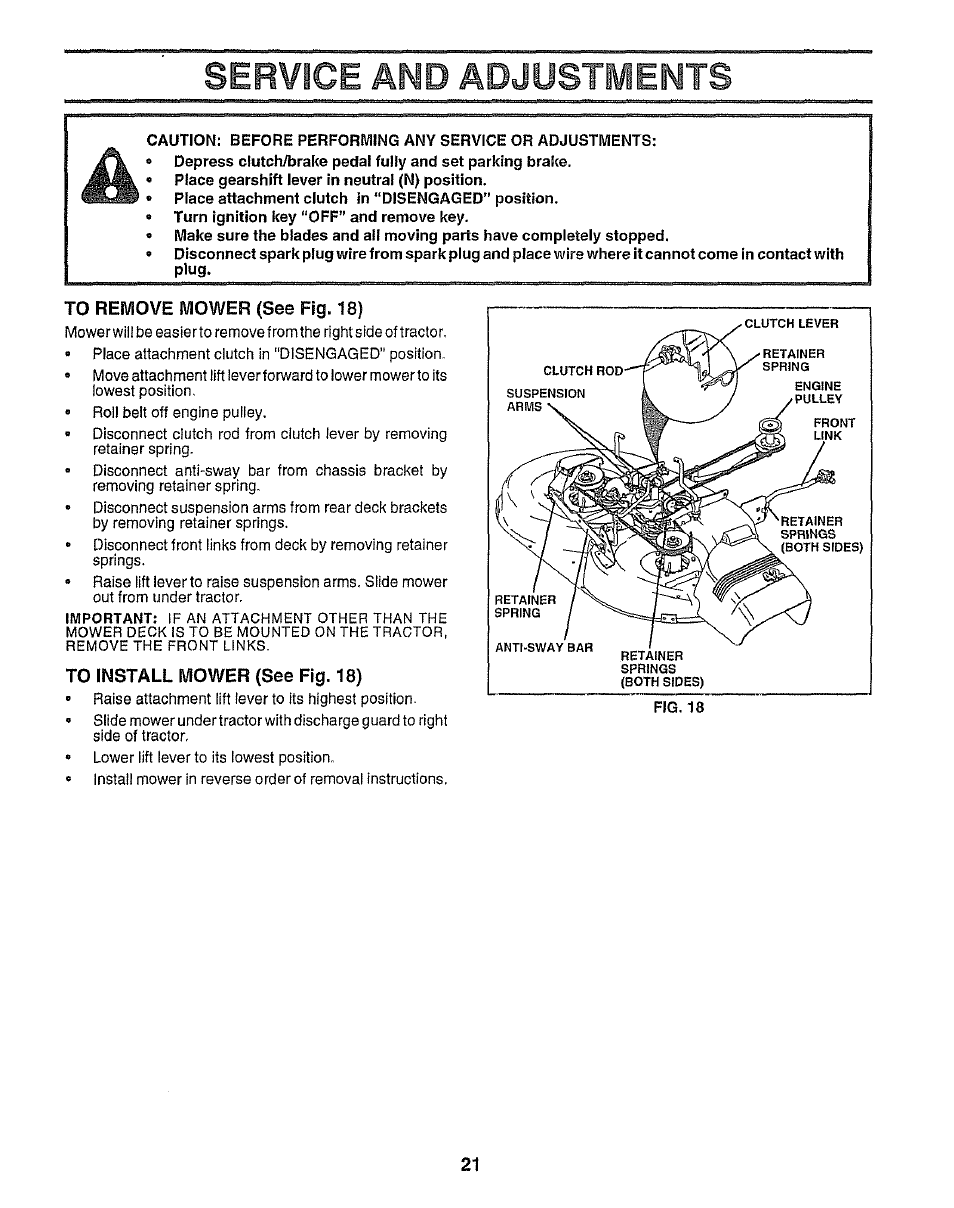 To remove mower (see fig. 18), To install mower (see fig. 18), Service and adjustments | Sears 917.25958 User Manual | Page 21 / 30