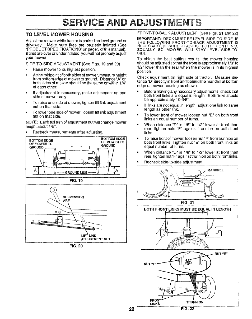To level mower housing, Service and adjustivients | Sears 917.25958 User Manual | Page 22 / 30
