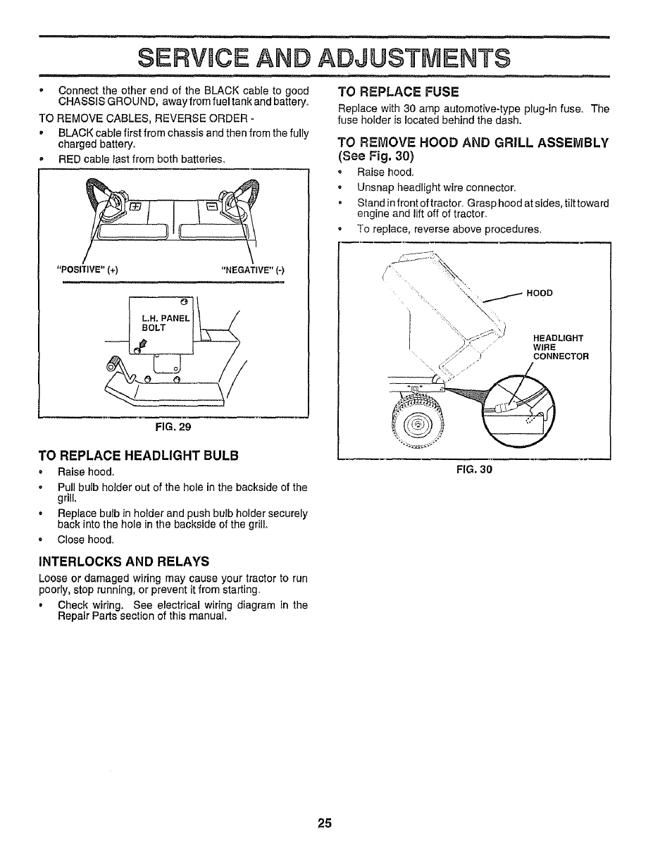 To replace headlight bulb, Interlocks and relays, To remove hood and grill assembly {see fig, 30) | Service and adjustments | Sears 917.25958 User Manual | Page 25 / 30