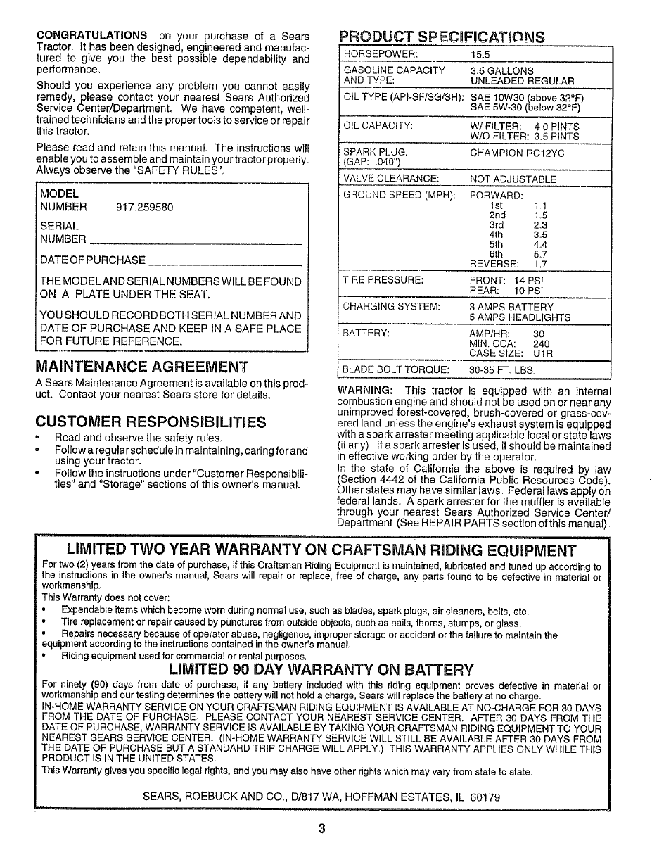 Maintenance agreement, Customer responsibilities, Limited 90 day warranty on battery | Product specificatidms | Sears 917.25958 User Manual | Page 3 / 30