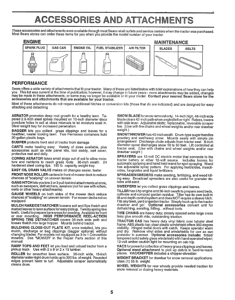 Engine, Maintenance, Performance | Accessories and attachments | Sears 917.25958 User Manual | Page 5 / 30
