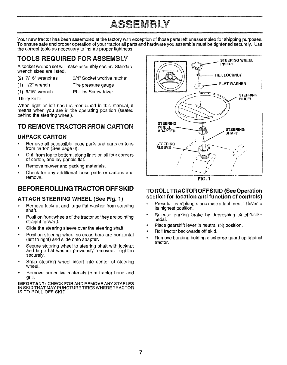Unpack carton, Attach steering wheel (see fig. 1), Assembly | Tools required for assembly, Before rolling tractor off skid | Sears 917.25958 User Manual | Page 7 / 30