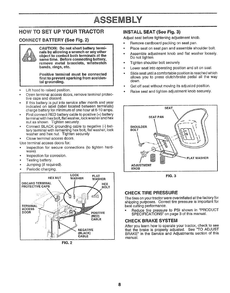 Connect battery (see fig. 2), Imstall seat (see fig. 3), Check tire pressure | Check brake system, Assembly, How to set up your tractor | Sears 917.25958 User Manual | Page 8 / 30