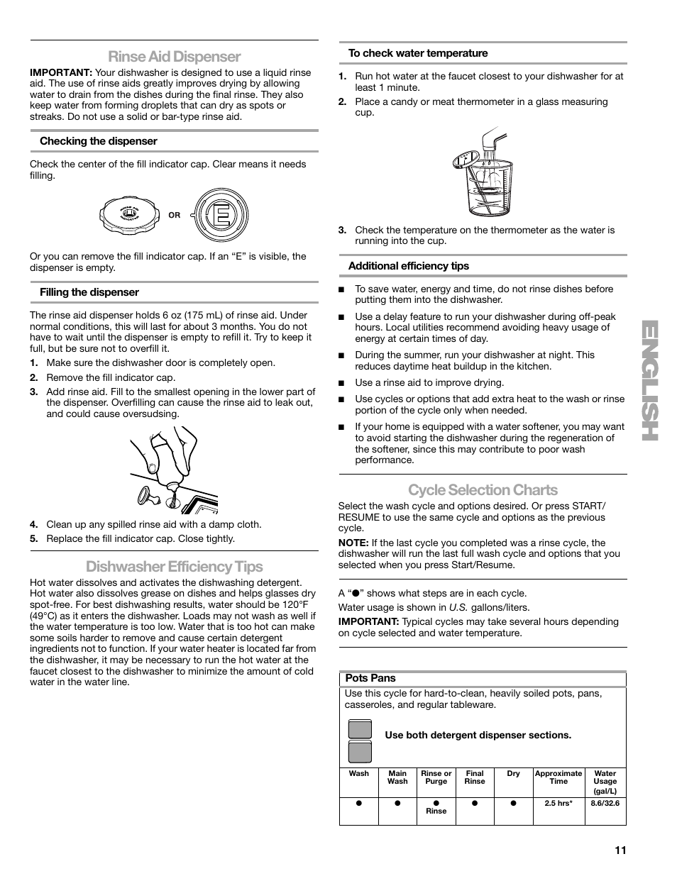 Rinse aid dispenser, Dishwasher efficiency tips, Cycle selection charts | Sears 665.1359 User Manual | Page 11 / 18