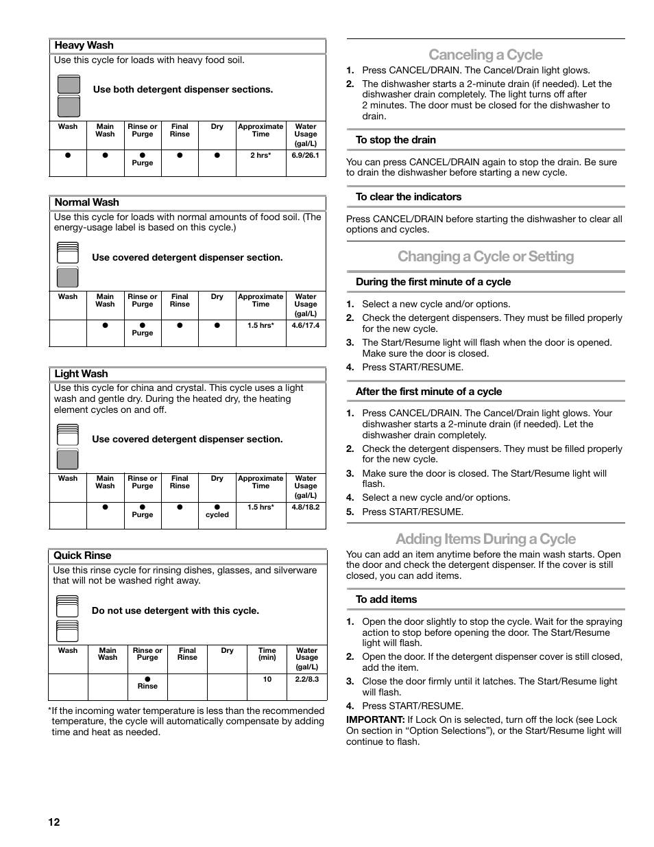 Canceling a cycle, Changing a cycle or setting, Adding items during a cycle | Sears 665.1359 User Manual | Page 12 / 18