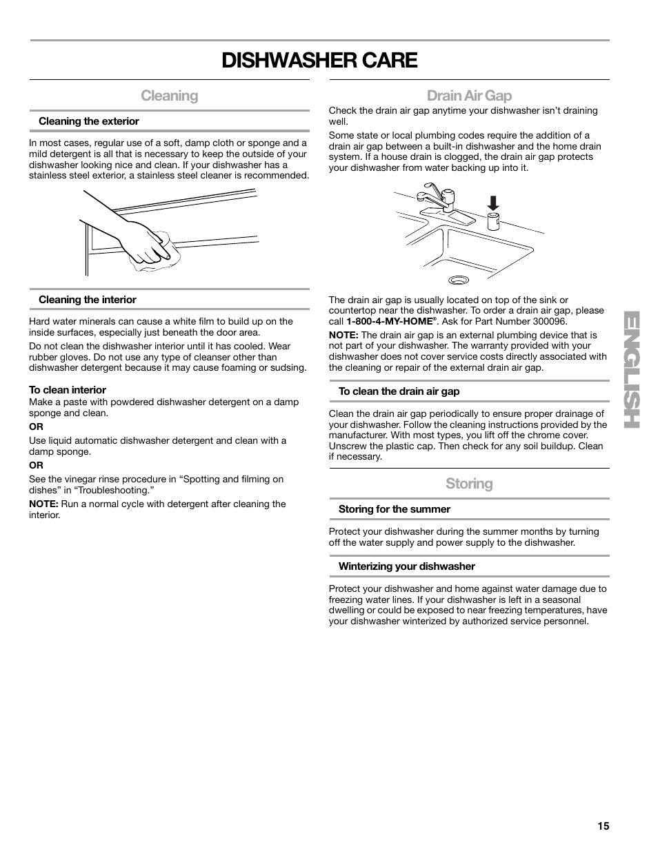 Dishwasher care, Cleaning, Drain air gap | Storing | Sears 665.1359 User Manual | Page 15 / 18