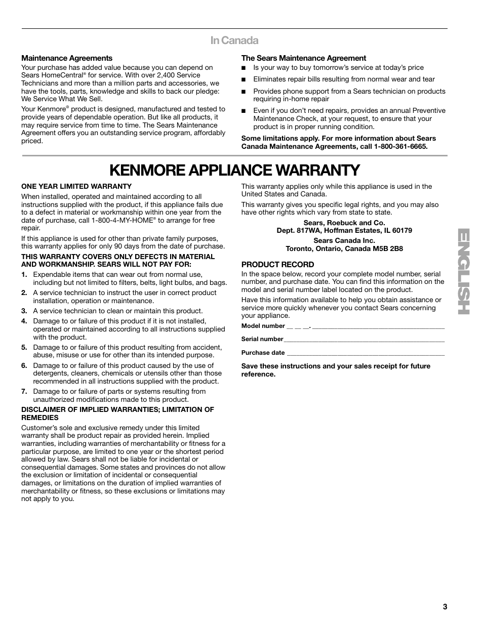 Kenmore appliance warranty | Sears 665.1359 User Manual | Page 3 / 18