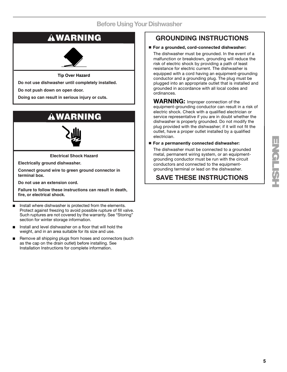 Warning, Before using your dishwasher, Grounding instructions save these instructions | Sears 665.1359 User Manual | Page 5 / 18