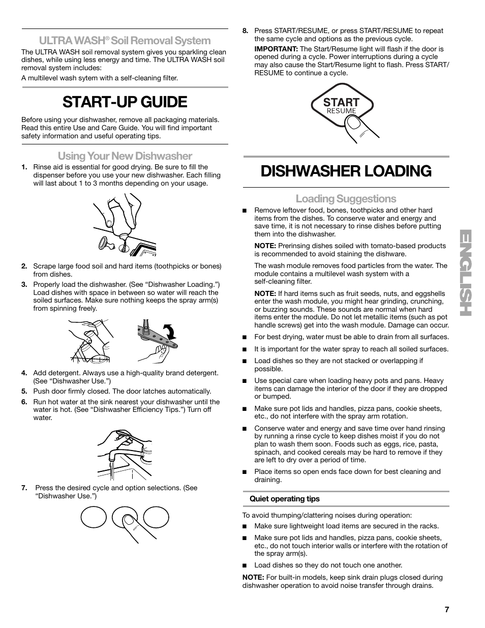 Start-up guide, Dishwasher loading, Ultra wash | Soil removal system, Using your new dishwasher, Loading suggestions | Sears 665.1359 User Manual | Page 7 / 18