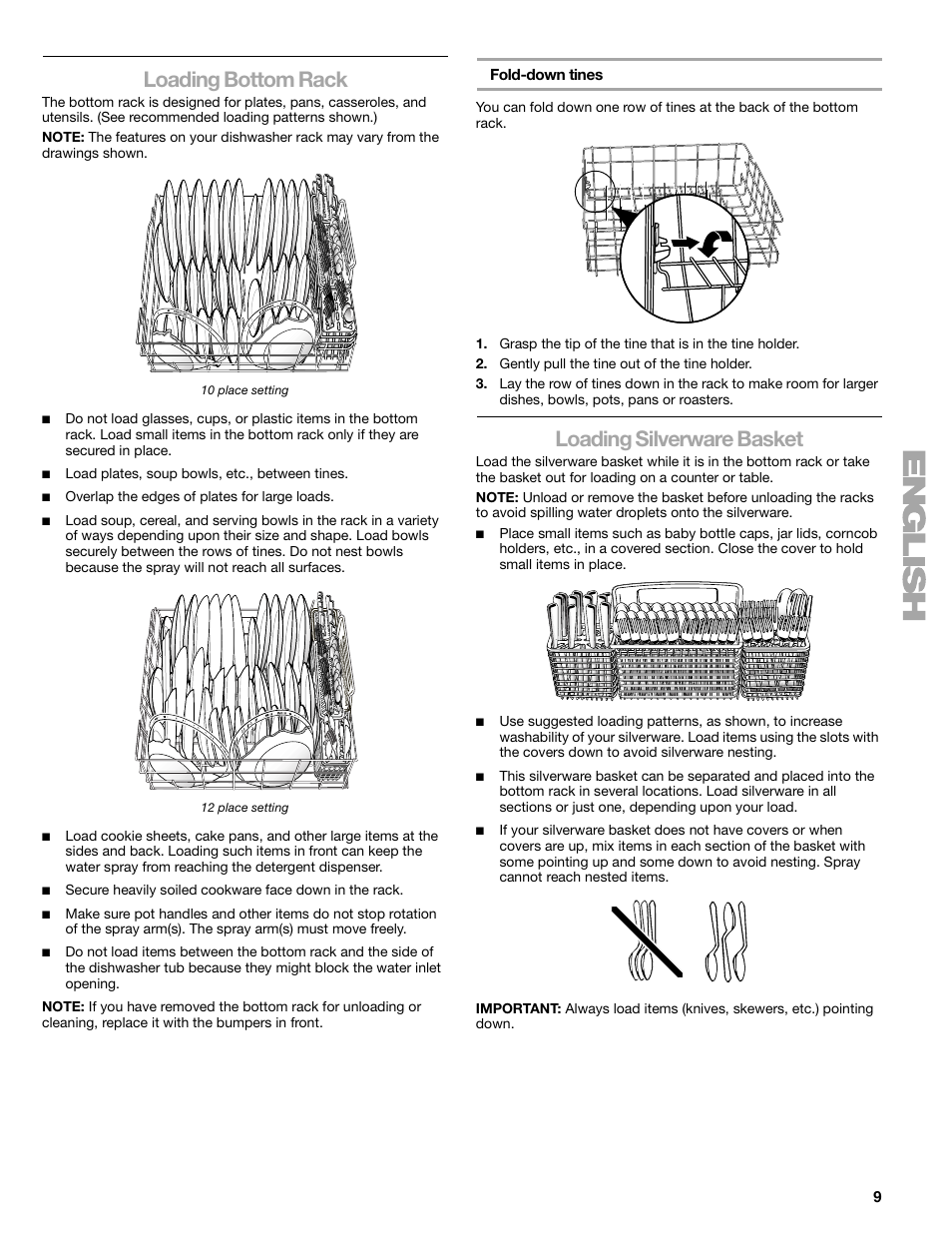 Loading bottom rack, Loading silverware basket | Sears 665.1359 User Manual | Page 9 / 18