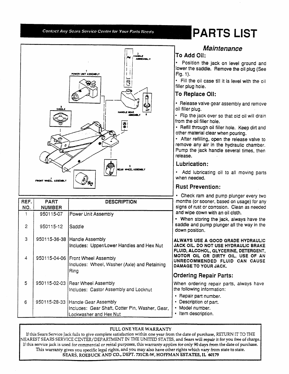 Parts list, Maintenance, Lubrication | Rust prevention, Ordering repair parts | Sears 875.501152 User Manual | Page 3 / 4