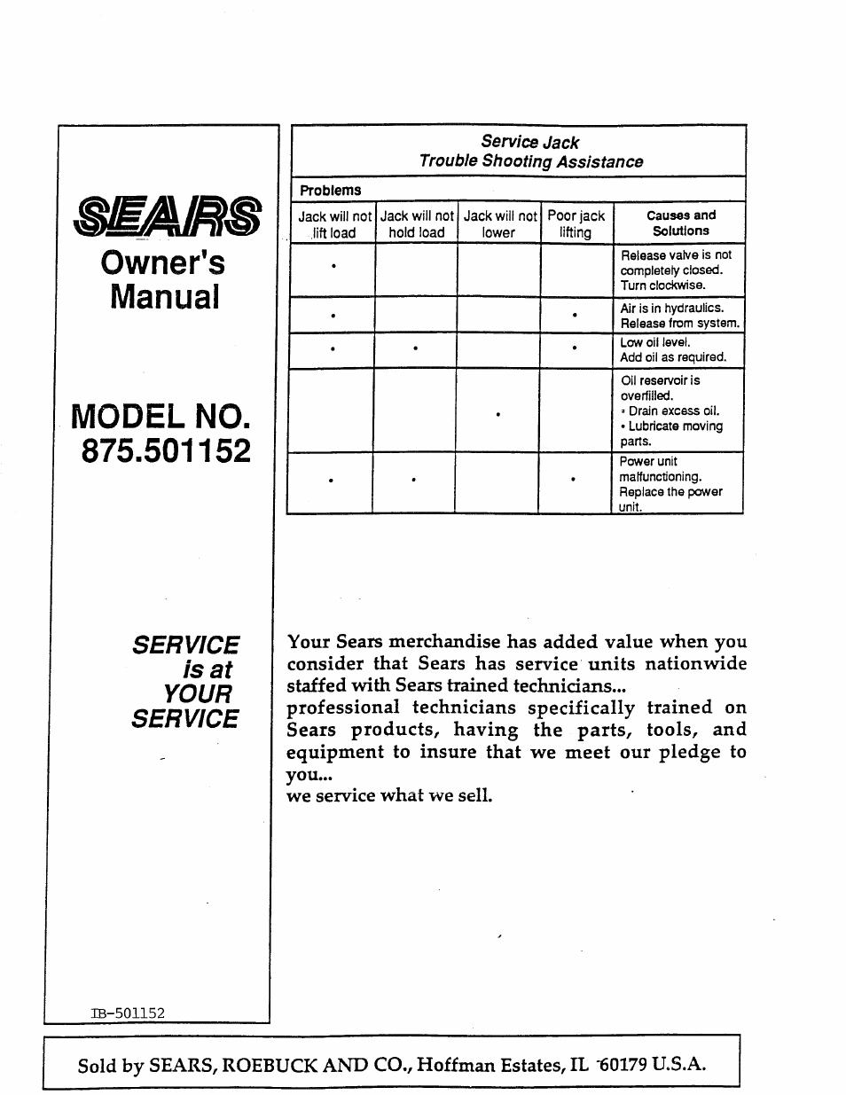 Owner's manual model no, Service is at your service | Sears 875.501152 User Manual | Page 4 / 4