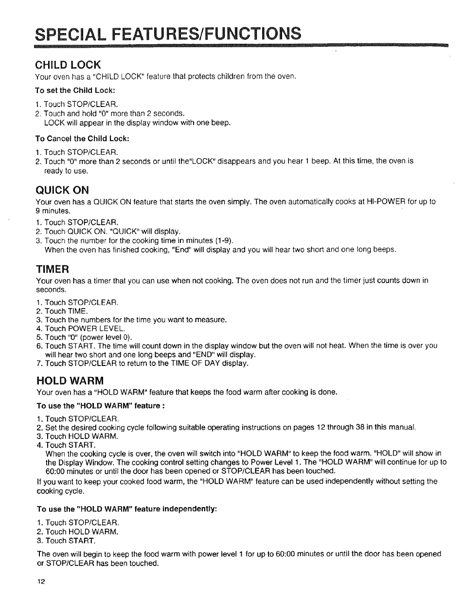 Child lock, To cancel the child lock, Quick on | Timer, Hold warm, To use the "hold warm" feature, To use the "hold warm" feature independently, Special features/funotions | Sears 89950 User Manual | Page 12 / 43