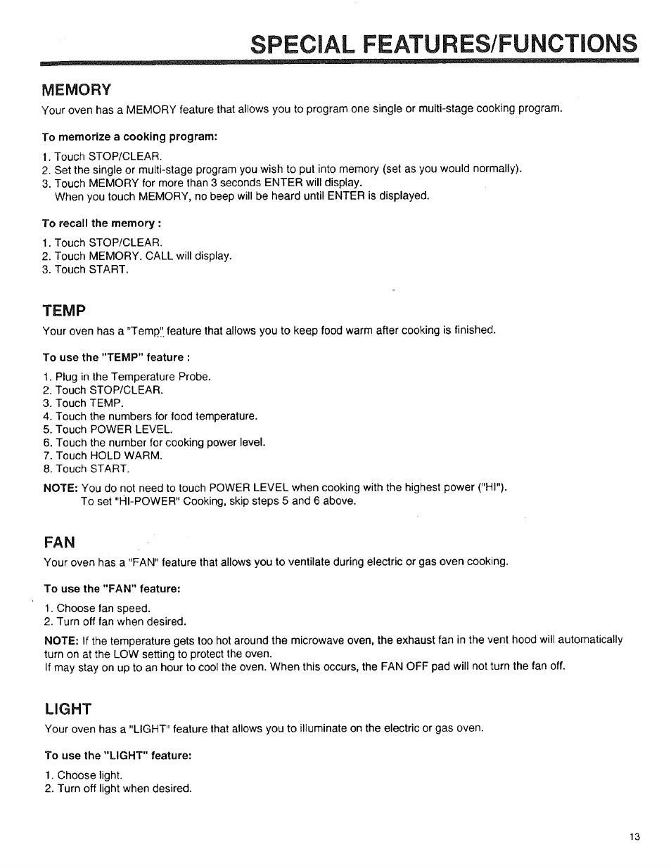 Memory, Temp, Special features/functions | Light | Sears 89950 User Manual | Page 13 / 43