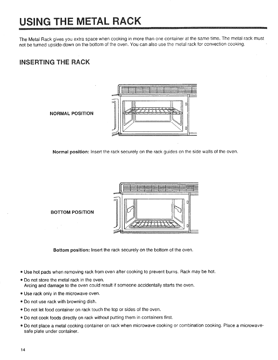 Inserting the rack, Normal position, Bottom position | Using the metal rack | Sears 89950 User Manual | Page 14 / 43