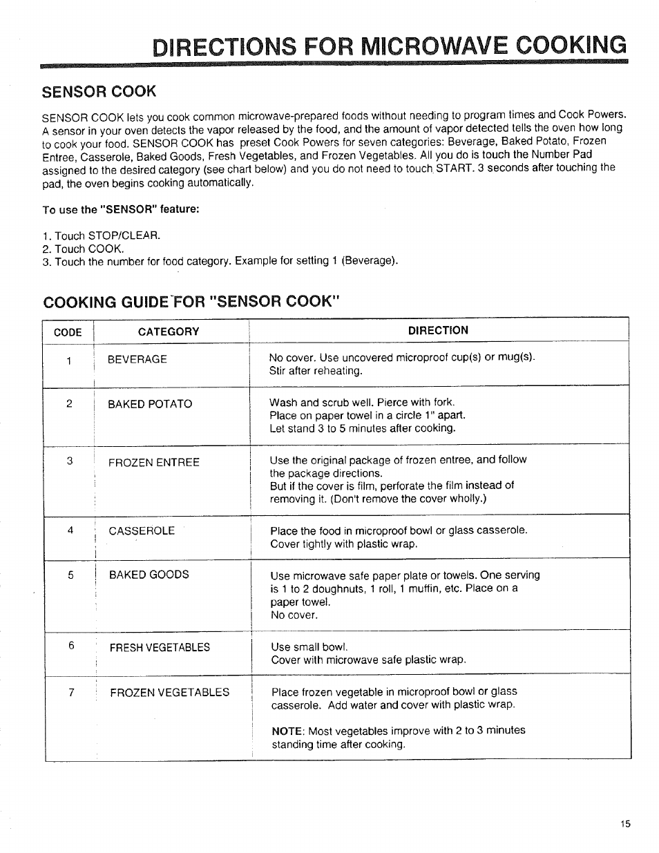 Sensor cook, To use the "sensor" feature, Cooking guidetor "sensor cook | Directions for microwave cooking | Sears 89950 User Manual | Page 15 / 43