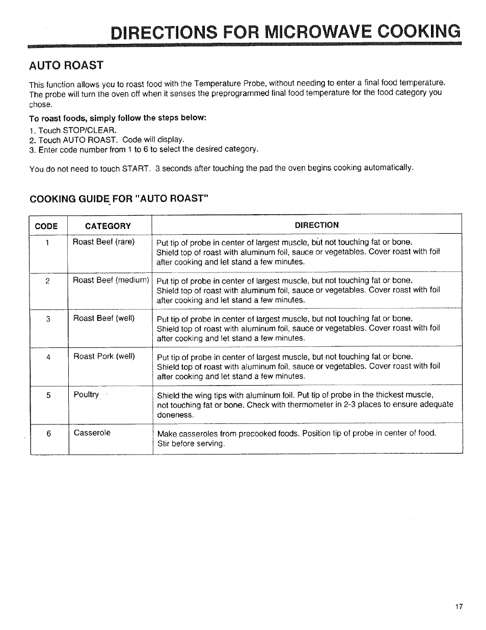 Auto roast, Cooking guide for "auto roast, Directions for microwave cooking | Sears 89950 User Manual | Page 17 / 43