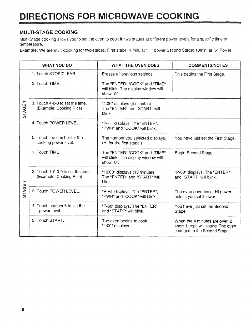 Multi-stage cooking, Directions for microwave cooking | Sears 89950 User Manual | Page 18 / 43