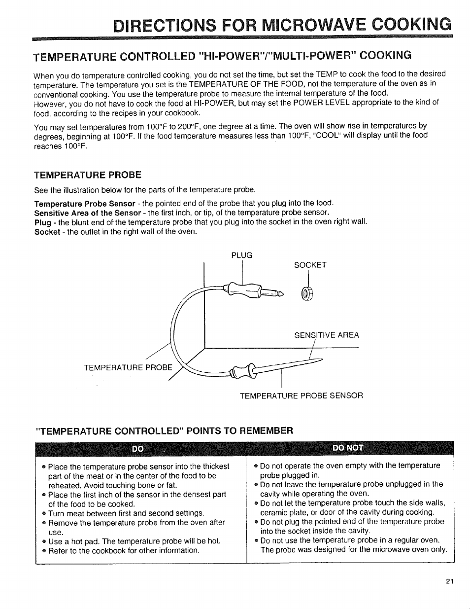 Temperature probe, Temperature controlled” points to remember, Directions for microwave cooking | Sears 89950 User Manual | Page 21 / 43